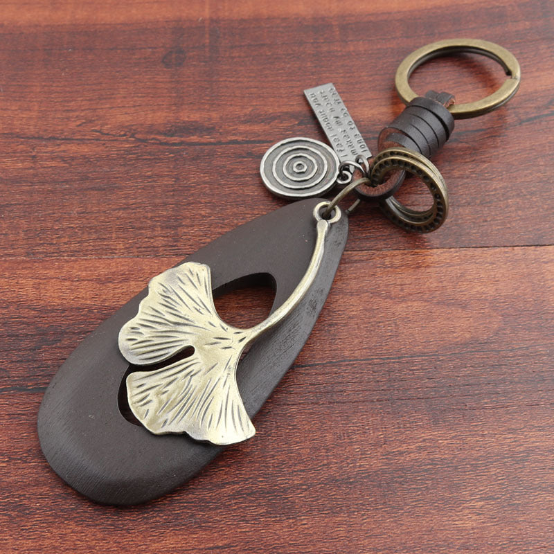 Wholesale Genuine Leather Alloy Ginkgo Leaf Wooden Keychains
